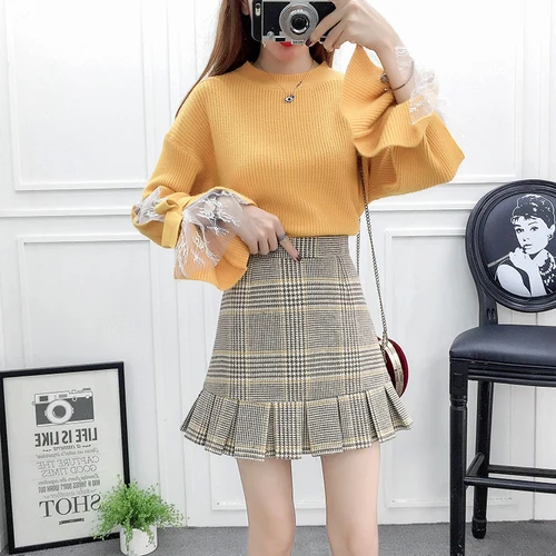

Fashion 2019 Sexy Lace 2 Pcs Set Plaid Zip Loose Brief Two Piece Set A-line High Waist Korean Vintage Women's Sets