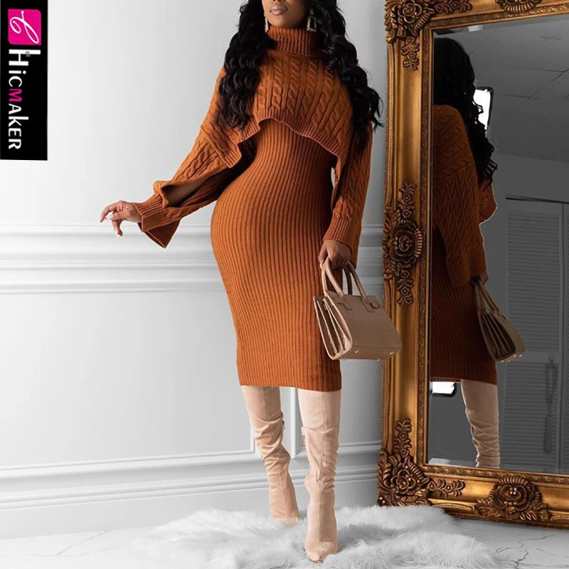 

Women Two Piece Matching Sets High Neck Knitted Pullover Sweater & Spaghetti Strap Bodycon Dress Spring Fall Chic Suit