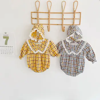 

5059 Plaid Baby One Piece Clothes Lace Collar New Spring Autumn Long Sleeve Baby Romper 0-3T Girls Jumpsuit Clothes