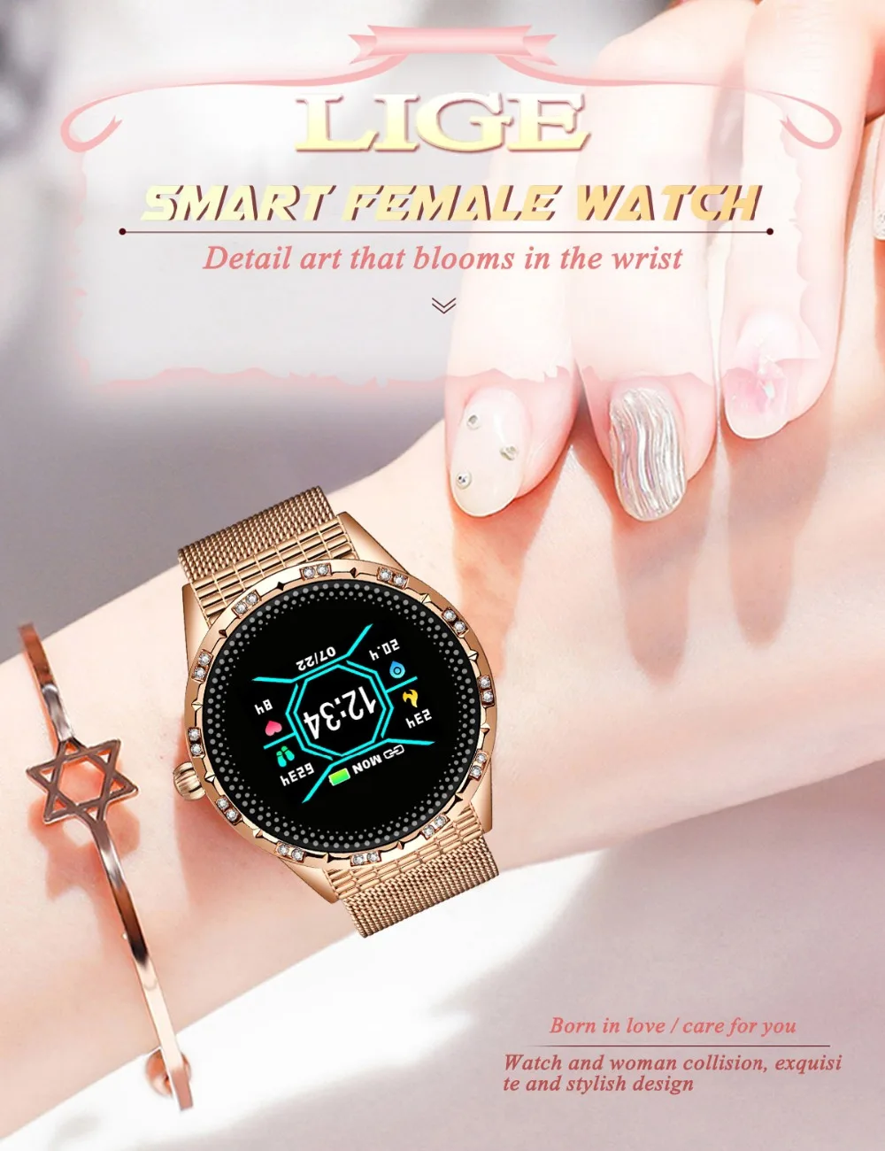 LIGE, новинка, женские Смарт-часы, водонепроницаемые, спортивные, для iPhone, пульсометр, измеритель артериального давления, фитнес-трекер, умные часы для женщин и мужчин
