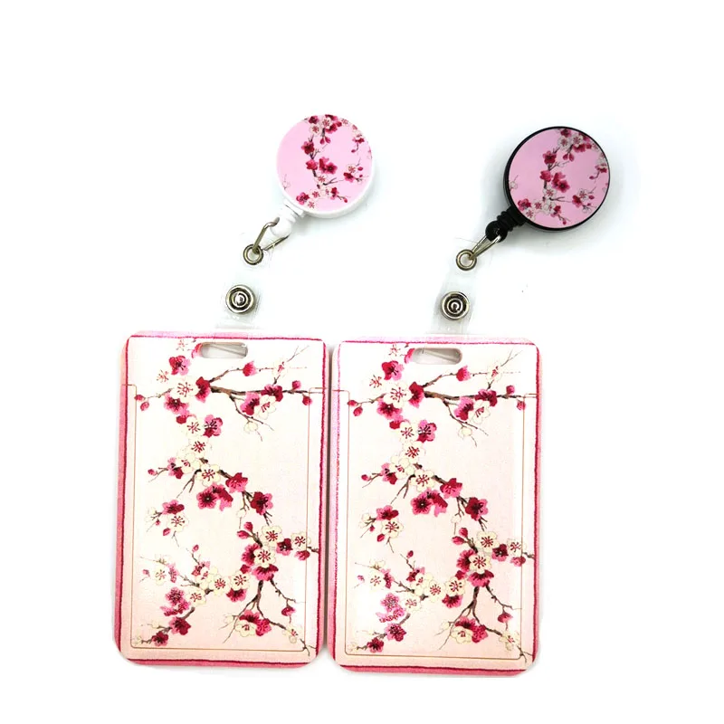 Pink Cherry blossoms Creative Cute Card Cover Clip Lanyard Retractable Student Nurse Badge Reel Clip Cartoon ID Card Badge pink leaves feather horizontal cute card cover clip lanyard retractable student nurse badge id card badge holder accessory