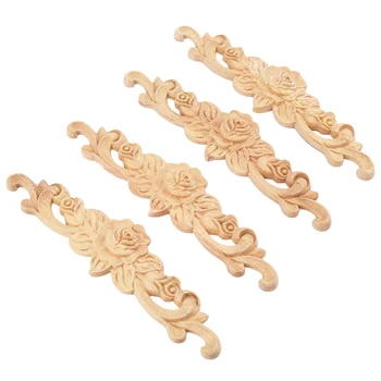 

4pcs 20*5cm Rubber wood Carved Long Onlay Applique Unpainted Rose Flower Door Home Decor European Style