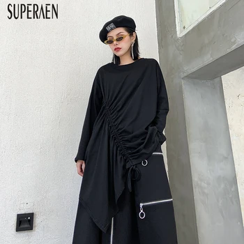 

SuperAen Europe Long-sleeved T-shirt Female Solid Color Wild Cottondrawstring T Shirts Women Pluz Size Spring New 2020 Tops