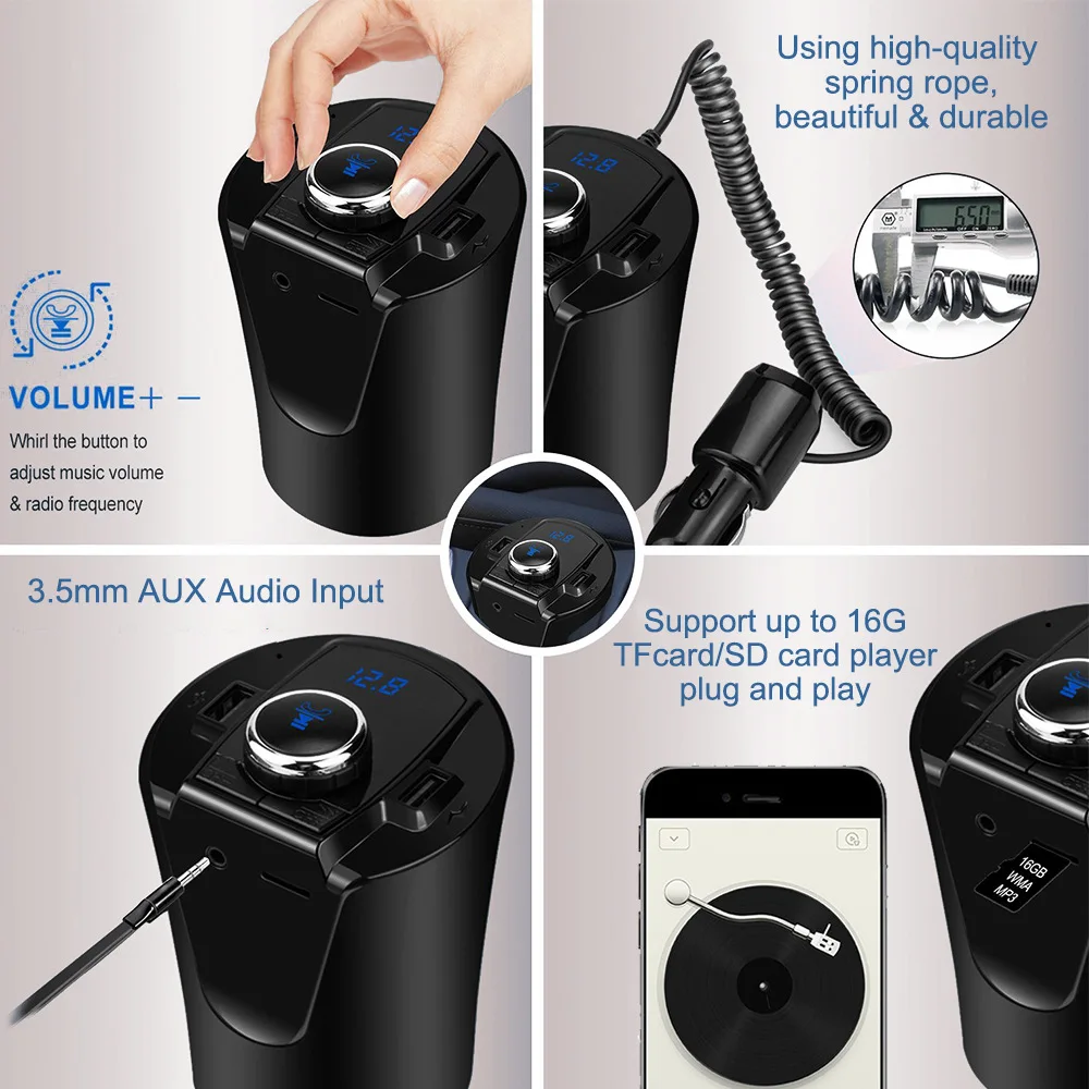 Multi Function Dual USB Ports Car Charger Cup Holder 5V 2.1A Cigarette Lighter bluetooth Car Kit FM Transmitter Support TF card