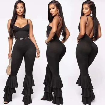 

2020 New Women Sexy Summer Fashion Jumpsuit Ruffles Spaghetti Strap V Neck Backless Verano Clubwear Good Quality Wholesale