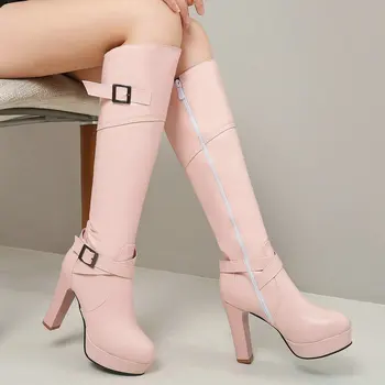 

Platform Square High Heel Women Knee High Boots Fashion Buckle Zipper Women Boots PU Leather Women Winter Shoes Black White Pink