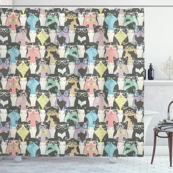 

Charcoal Funny Cartoon Shower Curtain Theme Playful Hipster Cats Glasses Colorful Dotted Designed Print Bathroom Curtain