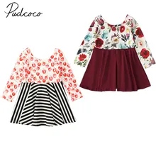 Детская одежда весна-осень для маленьких девочек, с цветочным принтом, футболка с длинными рукавами, платье в полоску, платье для девочек наряд в стиле пэчворк одежда От 1 до 6 лет