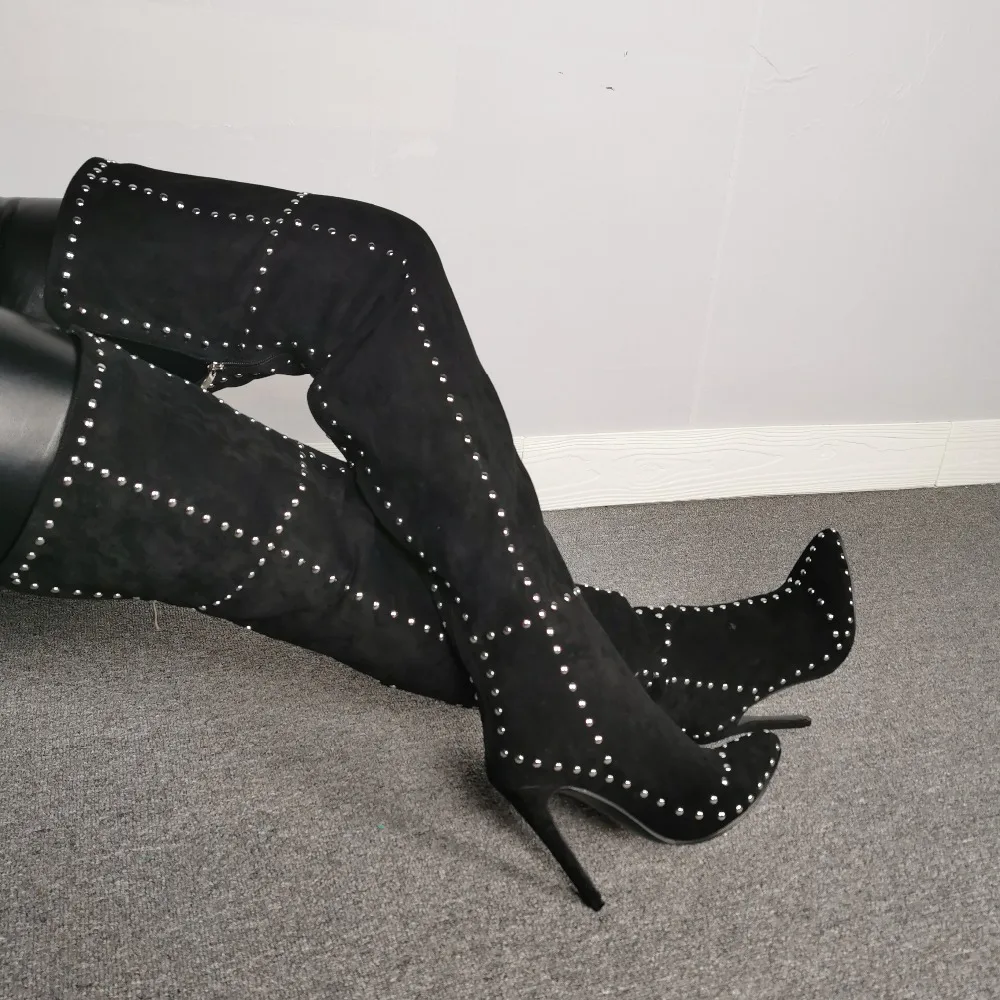 Новые модные женские сапоги до бедра на высоком каблуке черные кожаные сапоги выше колена с острым носком на высоком каблуке Женская обувь большого размера 43