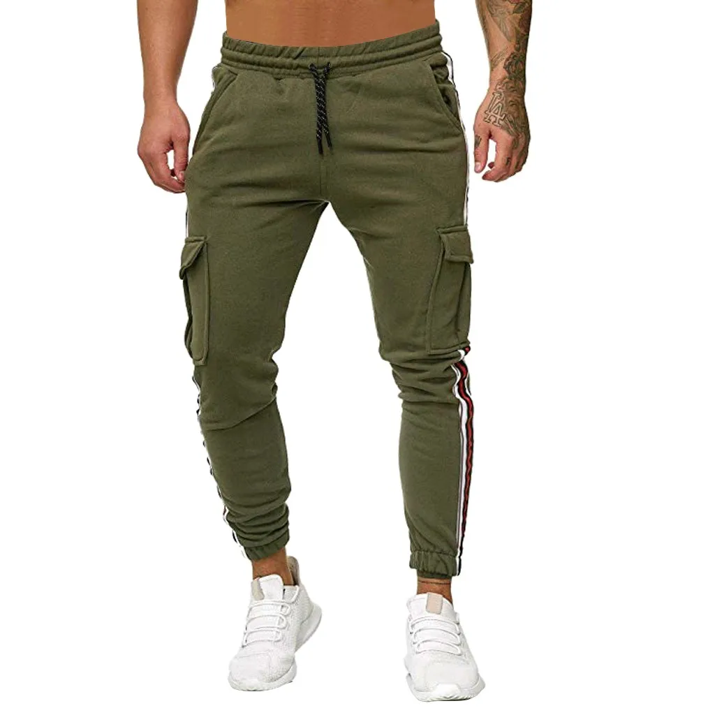 Men Splicing Pure Color Overalls Casual Pocket Sport Work Casual Trouser Pants mens pants fashions men men trousers pants for