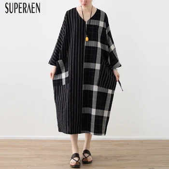 

SuperAen 2020 Spring New Women Dress Pluz Sized Casual Wild Ladies Dress Cotton Linen Plaid Long Sleeve Women Clothing