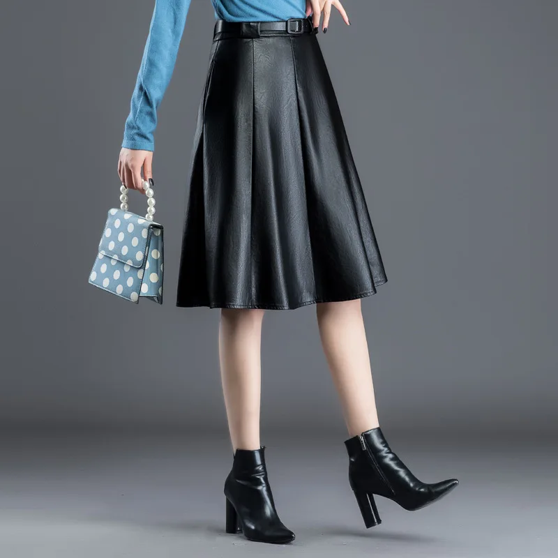 Женская одежда с высокой талией, корейского размера плюс, вареная кожа, черные плиссированные юбки, офисные женские элегантные повседневные юбки средней длины, M-4XL 1026