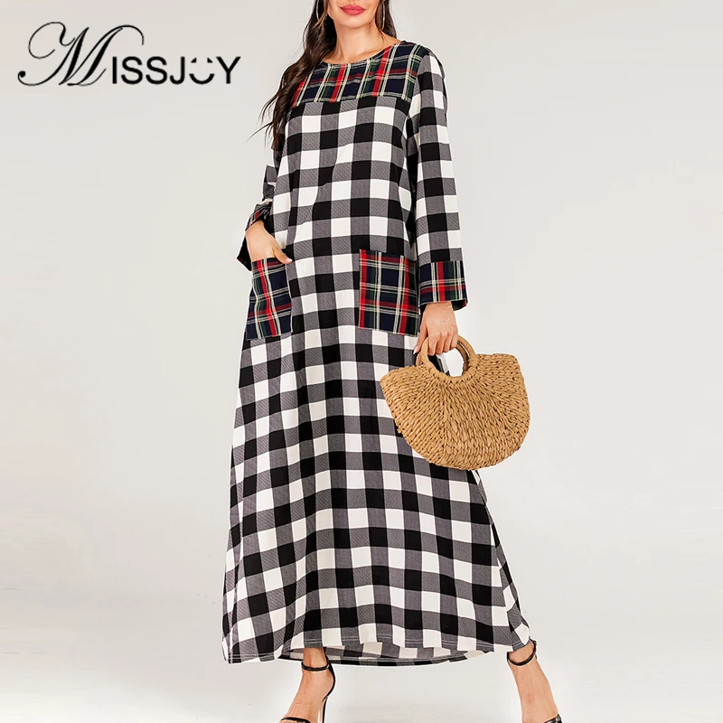 Платье MISSJOY женское в клетку Повседневная Свободная абайя стиле пэчворк с