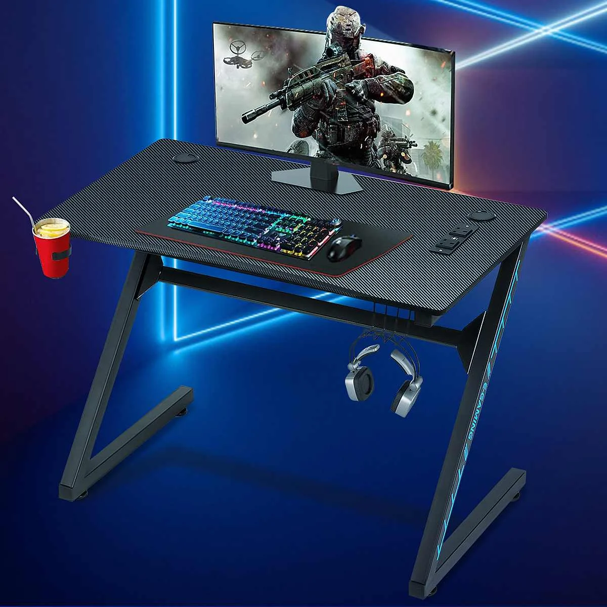 

41 Inch Z-shaped Ergonomic Gaming Table Carbon Fiber Surface Computer Desk Home Furniture Gaming Desk Laptop Stand w/USB Socket