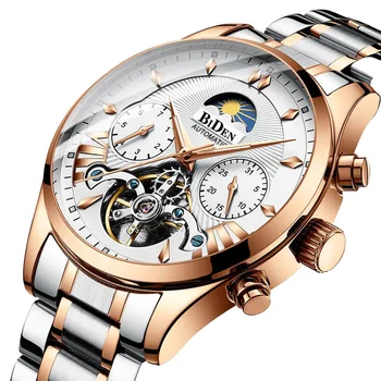 

BIDEN Tourbillon Mechanical Watch Men Luxury Brand Stainless Steel Men Automatic Skeleton Watch Male Clock relogio masculino
