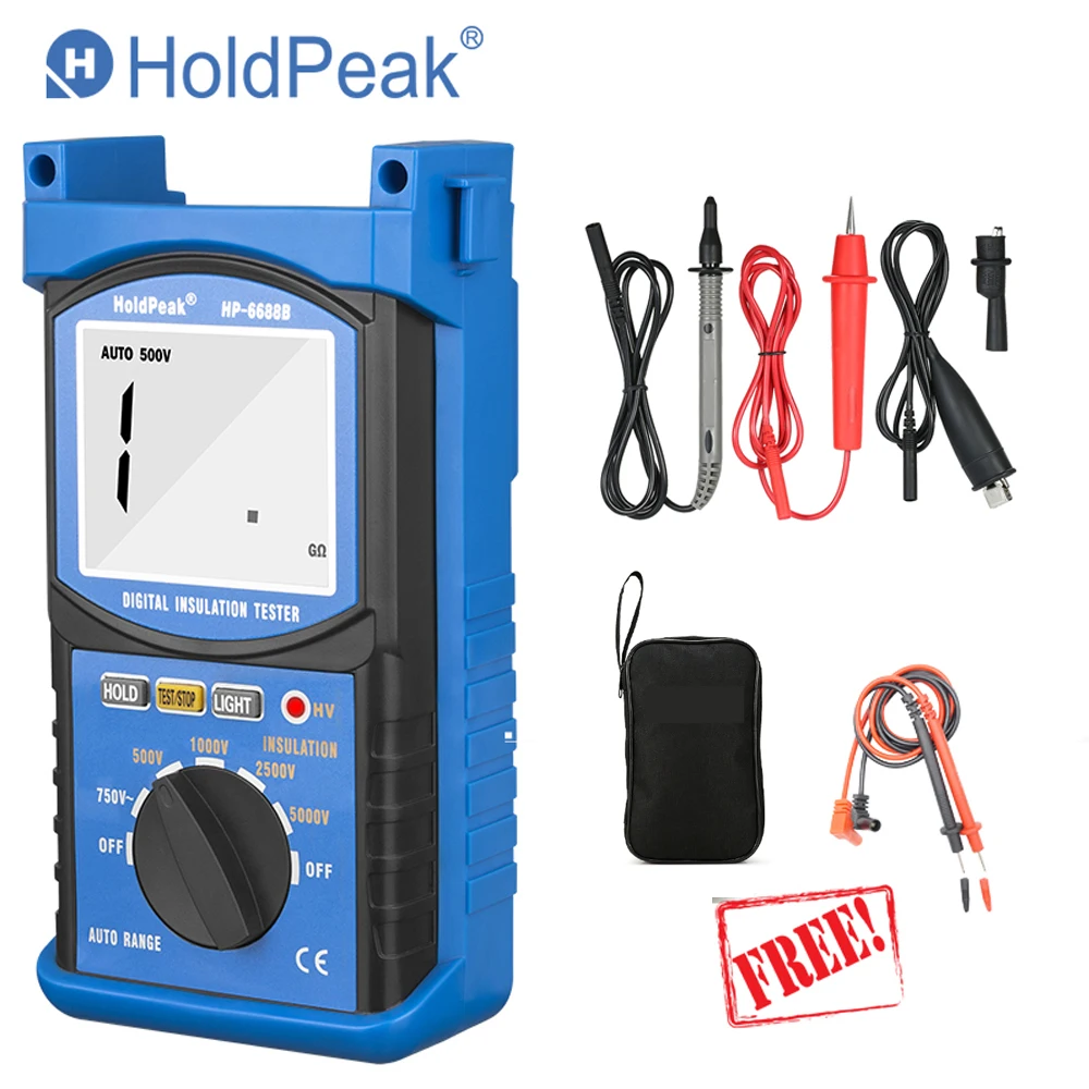 HoldPeak HP-6688B тестер сопротивления изоляции 6688B переносной цифровой 1000 в 5000 в Автоматический диапазон ом тестер Мегаомметр подарок