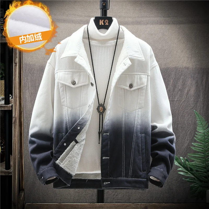 Осенне-зимняя мужская градиентная джинсовая куртка, Мужская куртка-бомбер, тонкая джинсовая куртка и зимняя мужская теплая ковбойская джинсовая куртка с меховой подкладкой