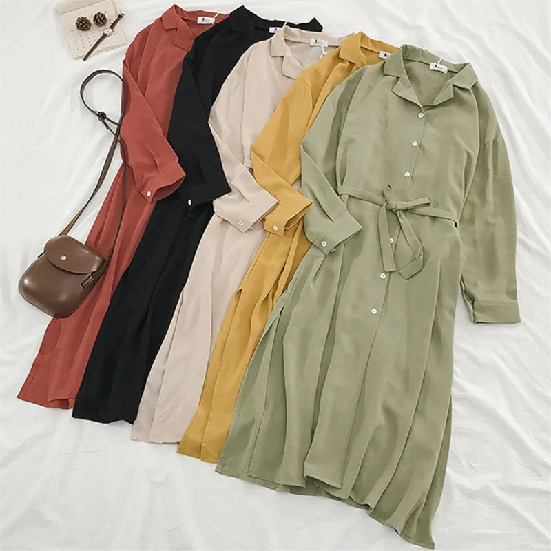 

New Spring Autumn Women Long Shirt Dress Tie Bow Sashes Chiffon Dress Female Split Long Sleeve Dresses Vestidos Plus Size AB1622