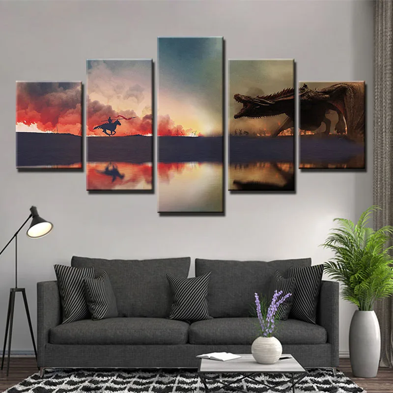 5 Pieces Canvas Painting Game Thrones Dragon Spitfire Picture Wall Pictures for Living Room Posters and Prints Home Decor (2)