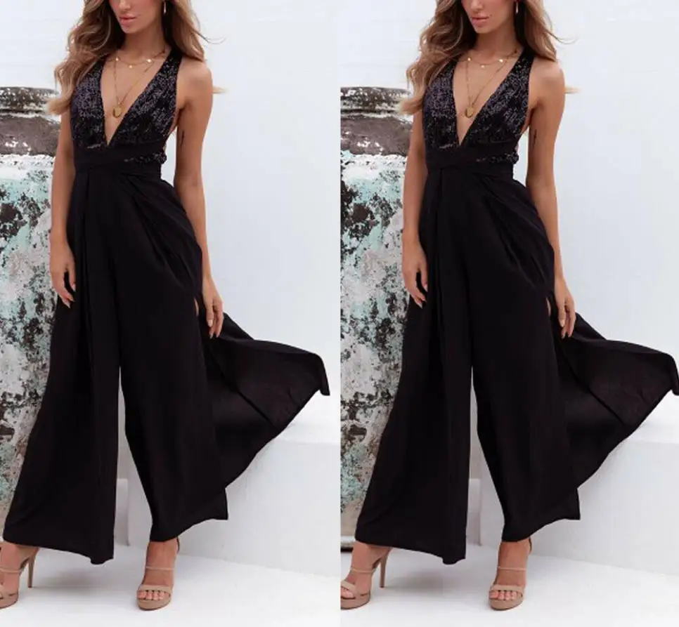 Summer ladies casual solid color loose jumpsuit Fashion sleeveless V-neck open back strap waist Bodycon Party jumpsuit trousers