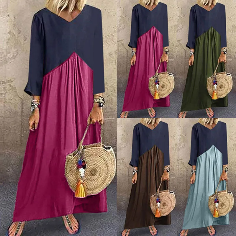 

Autumn new stitching contrast color irregular long sleeve dress