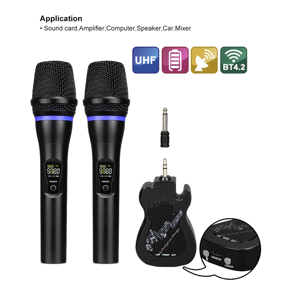 

With Display Rechargeable UHF Karaoke Bluetooth Church Handheld Wireless KTV Dual Singing Professional Microphone Set Speech