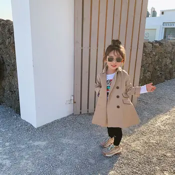 

Spring New Arrival Korean style cotton pure color fashion long sleeve slim windbreak long coat for cool cute baby girls