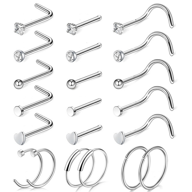 Nose Piercing Ring Nose Nails Piercing Crystal Nose Stud Pack 20G L Shape Nose Rings Set Heart Nostril Cruve L Shape