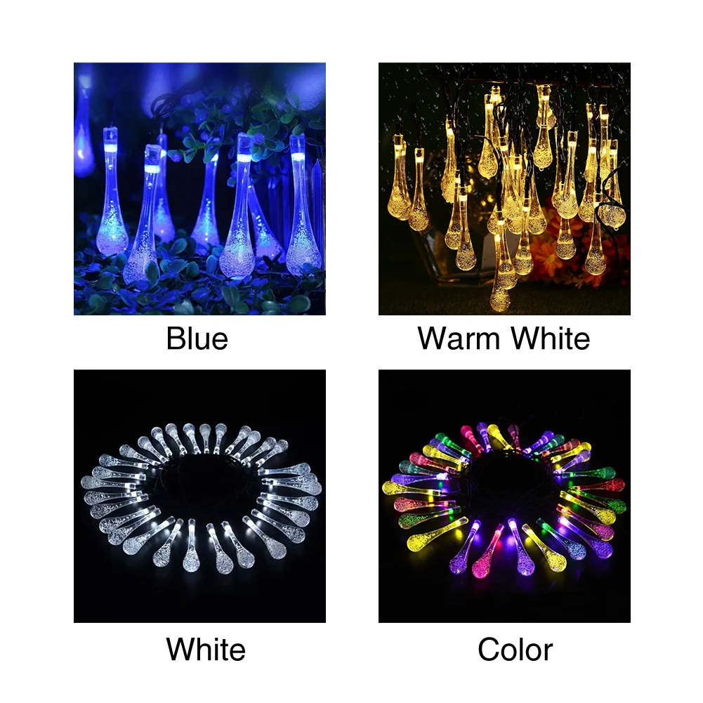 LED Water Drop Atmosphere String Light Outdoor Garden Decoration Solar Powered Lawn Holiday Fairy Home Wedding Party Colorful