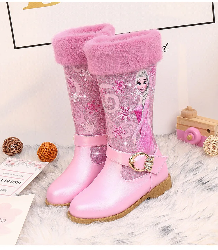 Комплект для девочек с принтом Эльзы, кожаные сапоги; зимняя обувь для маленьких девочек Обувь на теплом меху на высоких каблуках Снежная королева принцесса сапоги