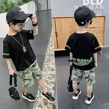 

[Pure cotton] boys' handsome summer clothes two-piece suit 2020 new children's summer short-sleeved shorts boys' clothes