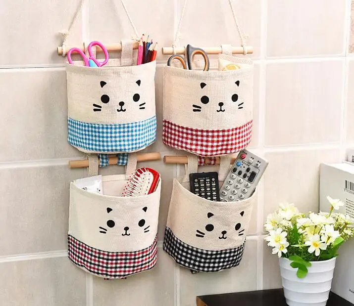 

Cute Cotton Linen Haging Organizers Wall Mounted Wardrobe Hanging Bag Closet Organizer Cosmetic Toys Storage Bag Sundries Pouch