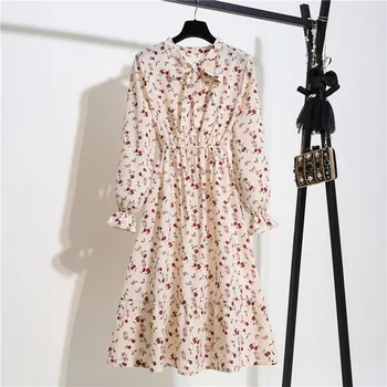 

Brand New Women Elegant Dress Spring Autumn Bow Slim Fit A Line Long Sleeve Dress Floral Print Korean Lady Midi Chiffon Dresses