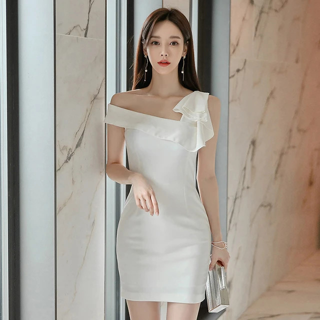 Vestido elegante para mujer, moda de sin mangas, un hombro, ajustado, corto, con _ AliExpress Mobile