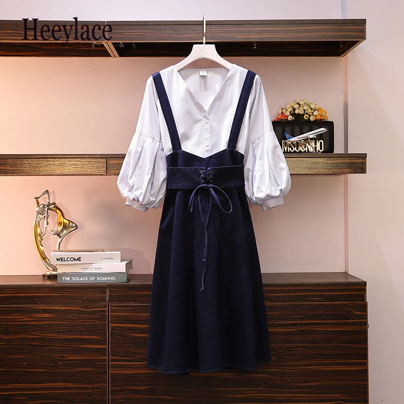

Plus Szie 2 Piece Set Women 2019 Autumn Shirts and Denim Strap Sets Fashion Suit Korean Highstreet Casual Lady Suits 5XL