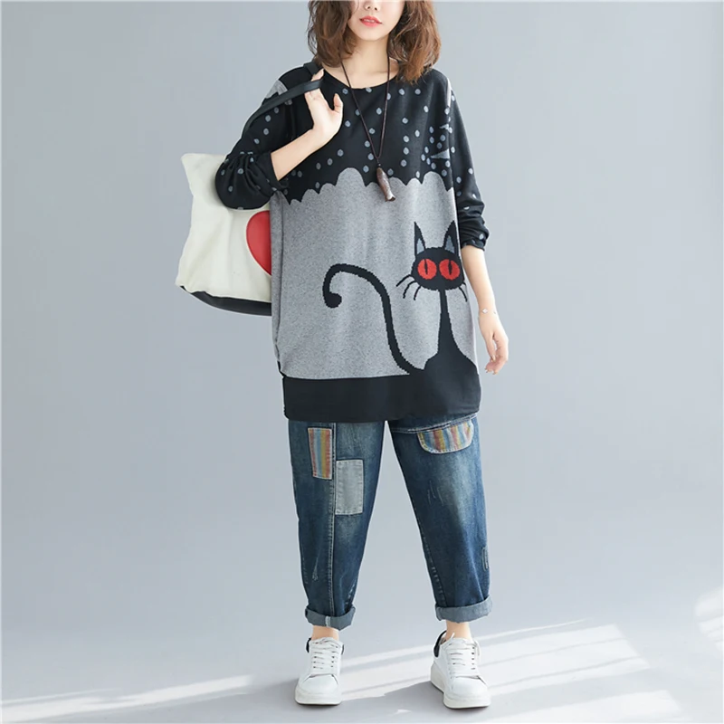 

Autumn Oversize Sweatshirt Tops Women Cotton Knitted Cartoon Cat Print Clothes Loose Casual Pullovers Plus Size Sweatshirts 2020