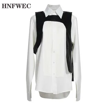 

Women Blouse Pleated Women Shirt Cotton White Shirt Long Sleeve Loose Boyfriend Long Tops Women Long Shirt With Vest P617