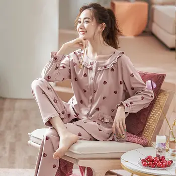 

100% Cotton Women's Summer Two-piece Home Suit for Spring and Summer Thin Long-sleeved Pants Pajamas Women Summer Suit