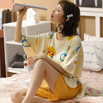 

2020 New Print Women Sweet Homewear Pajamas Suit Cotton Women Sleep Set Intimate Lingerie CASUAL Nightwear Pyjamas Home Clothing