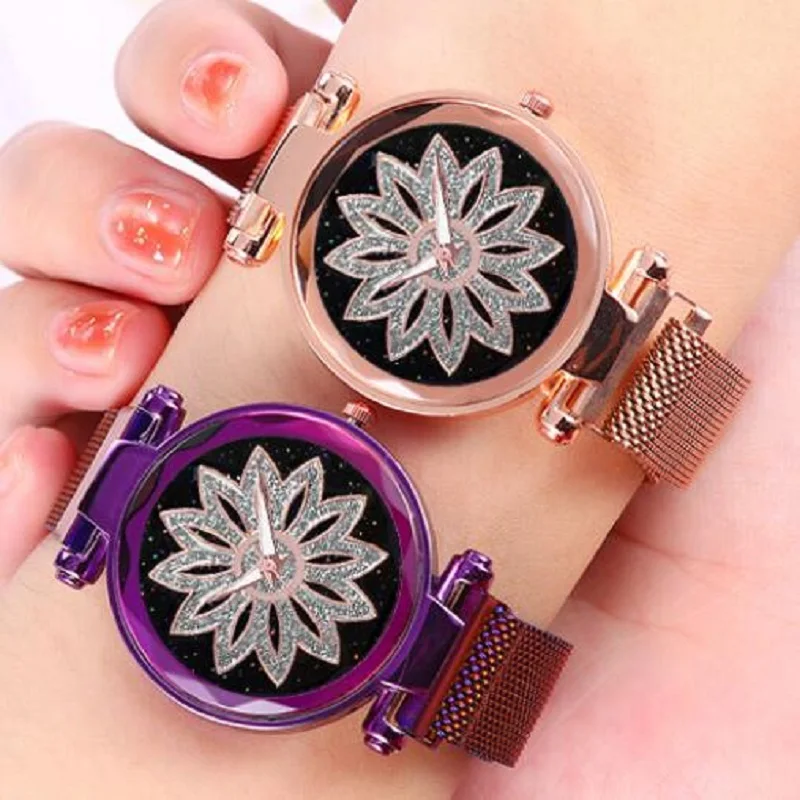 

Women Watches Starry Sky Watch Flower Rhinestone WristWatch Ladies Luxury Rose Gold Quartz Clock Magnet Watch Relogio Feminino