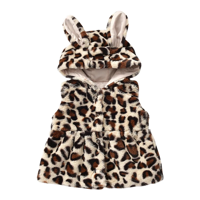 Leopard WeLake/ леопардовый плюшевый жилет с ушками из искусственной кнопки для меха, зимний жилет осеннее пальто для маленьких девочек, новая верхняя одежда детская одежда для маленьких девочек - Цвет: Leopard