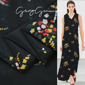 

Flower print on black pure silk crepe de chine silk fabric 140cm width,SCDC1203