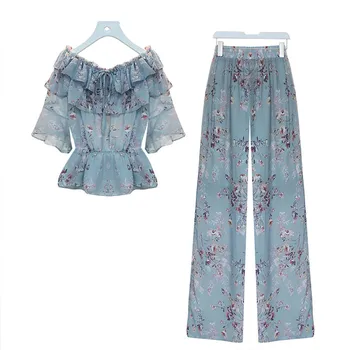 

2020 Plus Size 5XL Summer Chiffon Printed One-shoulder Strapless Top+Wide-leg Pants Two Piece Set Women Loose Casual 2 Piece Set