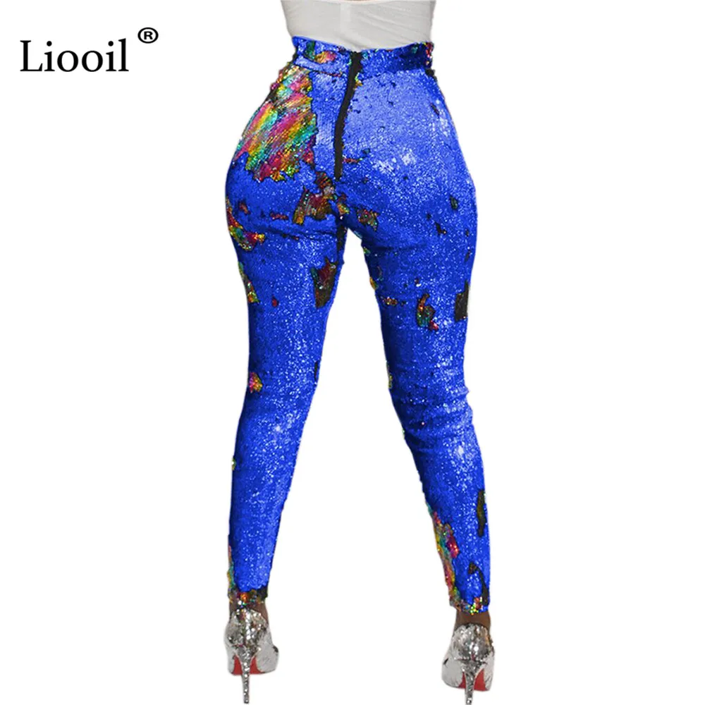 Liooil, цветные узкие брюки с блестками, женская одежда, уличная одежда, высокая талия, низ, Клубные брюки, эластичные облегающие длинные штаны