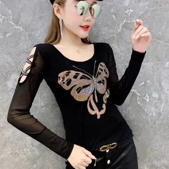 

T-shirt female Rhinestone butterfly 2020 autumn tops women's diamond tshirts Femme Tees Camisetas Mujer woman clothing t shirt