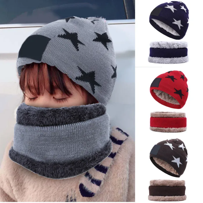 Зимняя Вязаная Шапка-бини, теплый шарф для шеи, комплект из 2 предметов, Детская шерстяная шапка с черепом, спортивная шапка для улицы, FDX99