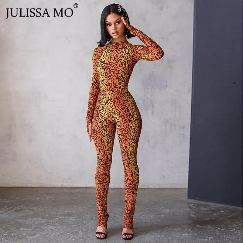 Женский комбинезон для фитнеса JULISSA MO с леопардовым принтом длинным рукавом и