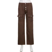 Jean Cargo marron pour femme, pantalon décontracté en Denim, taille basse, coupe cintrée, hanche relevée, tir de rue, Baggy 