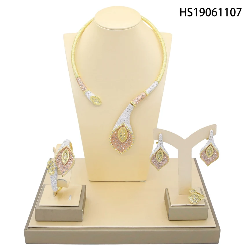 

Yulaili 2019 New Trendy Tricolor Design Austria Crystal Dubai Gold Necklace Earrings Ring for Women Charm Wedding Jewelry Sets