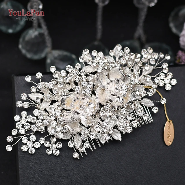 TOPQUEEN HP301 Indian Bridal Hair Accessories Alloy Flower Bridal Crowns and Tiaras Silver Hair Pieces Wedding Hair Jewelry HP352-Silver